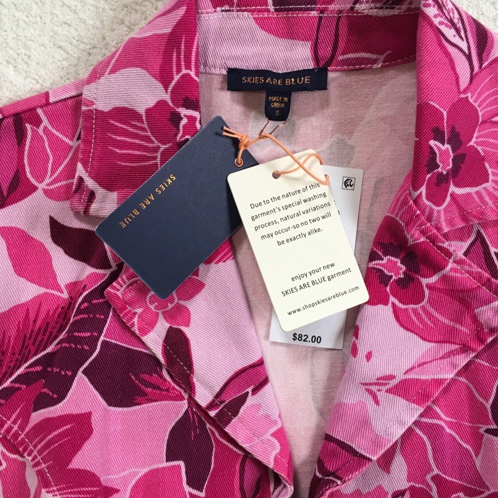 Pink Floral‎ Denim Barbiecore Mini Dress Zip Front Belted Skies Are Blue Small - Picture 2 of 5